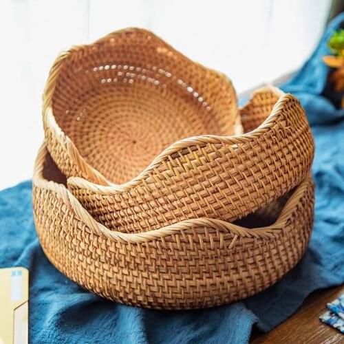 Round Rattan Handmade Straw Dried Tray Basket Hand-Woven Storage Box Rattan Box Natural Decoration WF