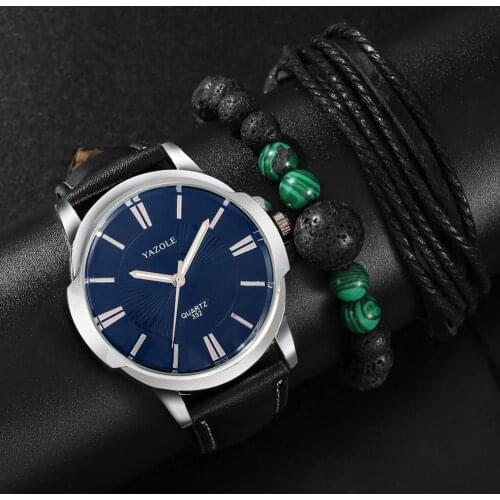 2021 Men Quartz Watch Beaded Bracelet 3Pcs Set Business Leather Wristwatch With Woven Bracelets Gifts Suit for Father Husband
