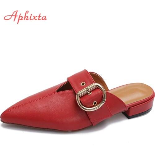 Aphixta Pointed Toe Luxury Mules Buckle Lamb Skin Texture Soft Women Slippers Flat With Solid Fashion Summer Slides Size 35-43