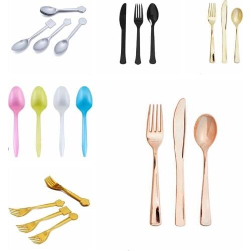 Party Cutlery 16pcs Disposable Tableware Suit Mix Gold Silver Black Rose Gold Color Knife Fork Spoon Kids Toy Supplies