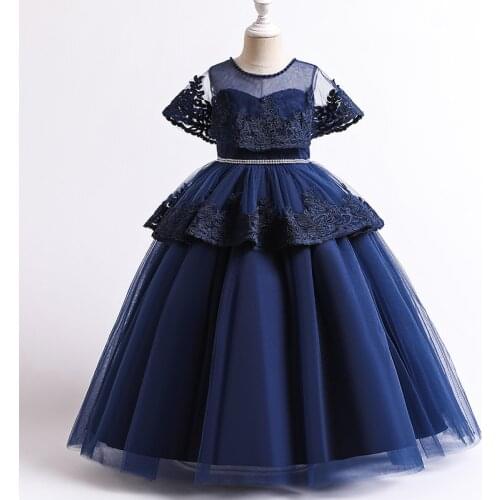 2021 Elegant New Lace Pattern Waist Kids Princess Dresses For Girls Banquet Party Long Dresses For Little Girl Show Host Dresses