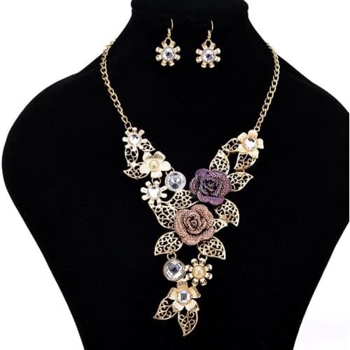 Rhinestone crystal Hollow Leaf Flower Pendant Earrings Necklace set for Women party wedding big statement Jewelry Sets