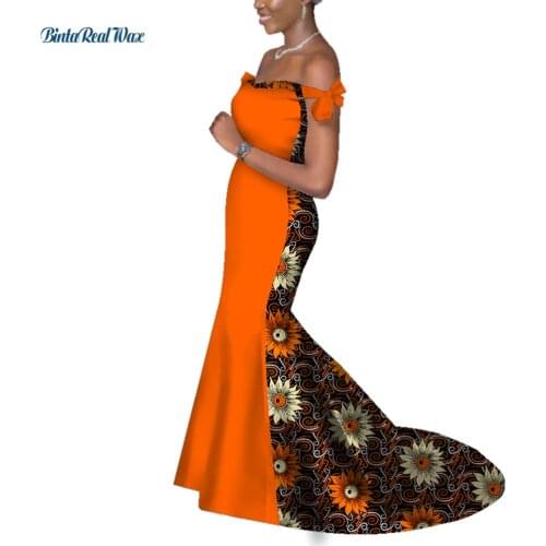 100% Cotton African Print Dresses for Women Bazin Patchwork Bow Knot Sleeve Long Trailing Dress Vestidos African Clothing WY3359