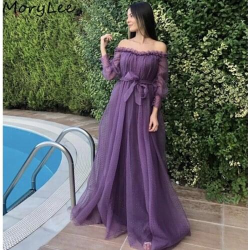 Prom Dresses Sexy Boat Neck Long Sleeves A-Line Sweep Train Tulle Prom Dresses With Zipper Back vestidos de fiesta de noche