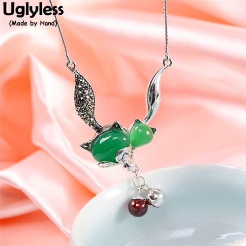 Uglyless Bring u LOVE Magic Fox Pendants with Chains Vivid Red Garnet Necklaces Real 925 Silver Animal Foxes Gifts Fine Jewelry