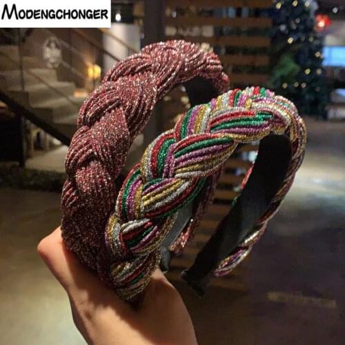 Retro Thick Fabric Woven Hair Tie Headband Twist Braid Wide Side Fashion Rainbow Colors Plastic Elegant Bezel Hair Hoop Headwear
