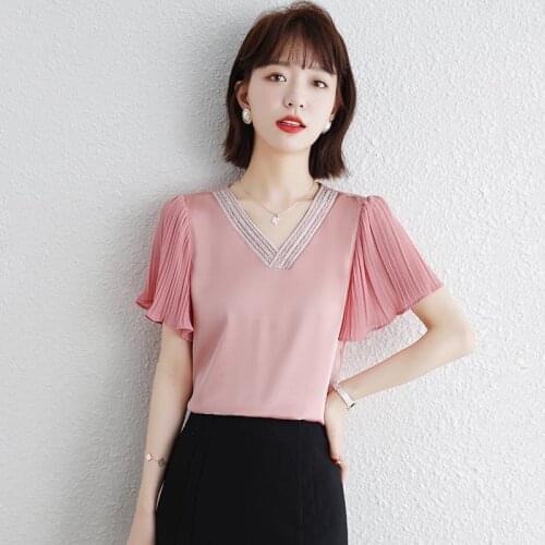 Chiffon Women Shirts Short Sleeve V-Neck Korean Style Elegant All-Match Blouses Summer Loose Blusas Fashion Tops MM0738