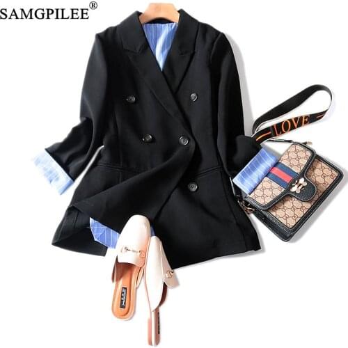 Women Blazers And Jackets 2020 Blaser Feminino Three Quarter Solid Double Breasted Notched Pockets Office Lady Blazer Oversize