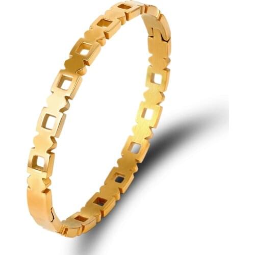 New Geometric Hollow Square Rose Gold Bangle For Women Jewelry Punk Bracelet Stainless Steel Cuff Bangle Luxury Brand Accessorie