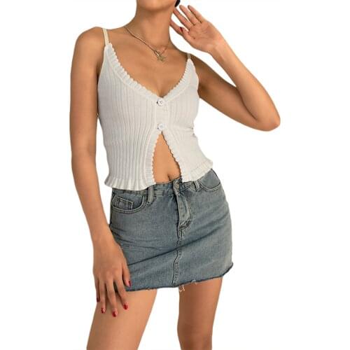 Female Camisole, Solid Color V-Neck Ruffled Vest Sleeveless Crop Tops with Buttons for Adults, White, S/M/L