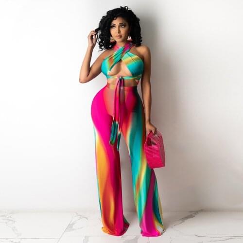 2021 New Womens Halter Neck Printed Crop Top And Wide Leg Pant Set Two-Piece Suits Summer Laced Bandage Matching Set Club Wear