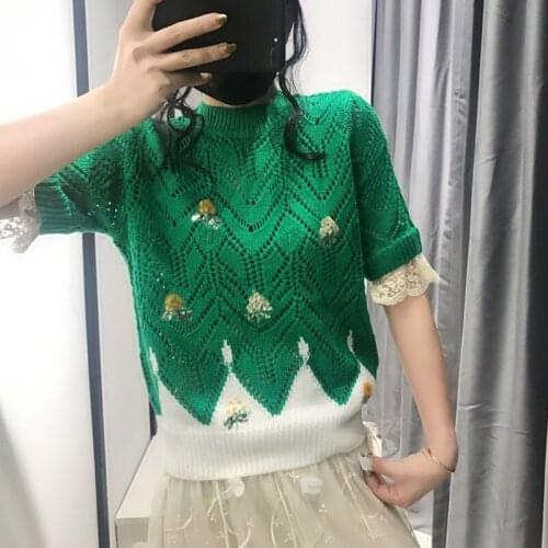 2020 summer women fashion hollow out sequins flowers o-neck sweaters girls sweet green white color block knitted tops JC396