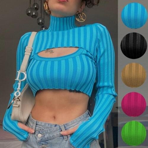 Y2k hollow out two pieces set knitted sweater Women long sleeve turtleneck crop top pullover Autumn streetwear female jumper