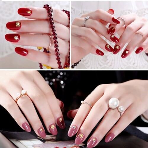 24PCS White Wine Red Colorful Riveted Fake Nails Matte Long Stiletto Pointed End False Nail Tips Solid Color+2pcs Glue