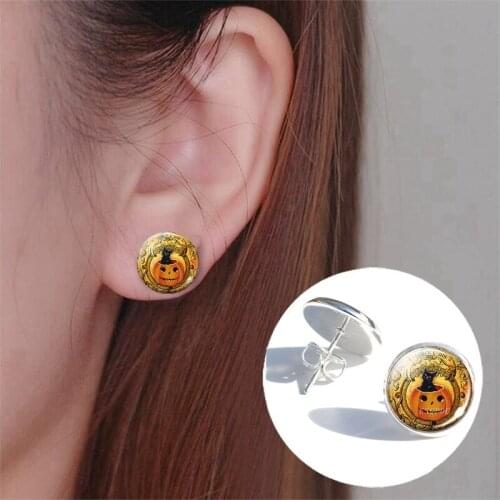 "All Saints Day'' Happy Halloween Anime Magical Witch Pumpkin Head Skull Bat Stud Earrings Jewelry for Women Accessories