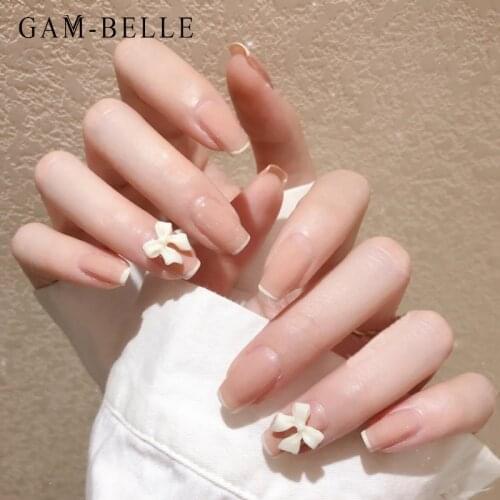 GAM-BELLE 24Pcs Fake Nails with Designs French Nude White Tips 3D Bows Beauty Square Artificial Short Press On Nails Decoration