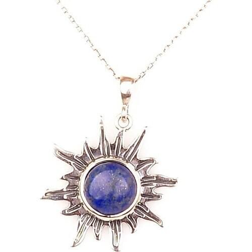 Stone Boxes Lapis Lazuli Stone Sun Shape Silver Pendant