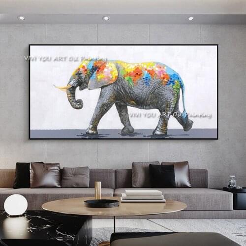 The 100%Handmade Modern Abstract Color Animal Thick Oil Painting On Canvas Corridor Knife Graph Wall Art Decor for Home Elephant