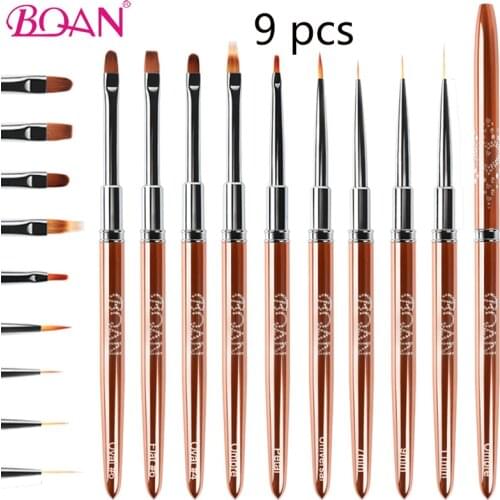 BQAN 9 Pcs Nail Art Brush Rose Gold Acrylic Handle UV Gel Nail Art Brush Line Painting Brushes Crystal Liner Drawing Brush