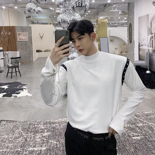 Men White 2020 Black Chain Rivet Long Sleeve T-shirt Camisetas Hombre Male Streetwear Hip Hop Punk Tee Shirts Mens Spring Tshirt