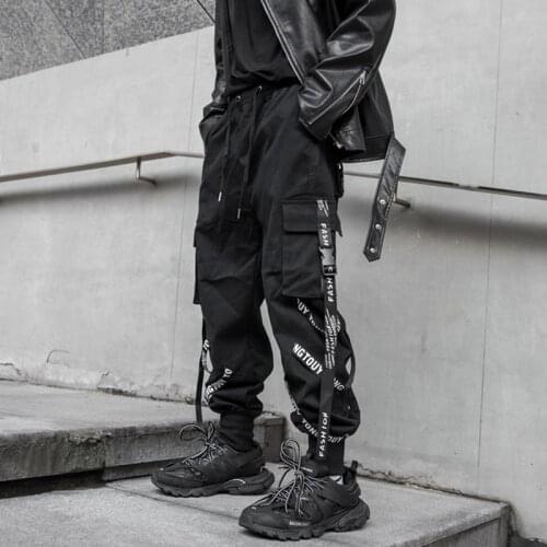 Mens Japanese Streetwear Cargo Pants 2021 Mens Ribbons Hip Hop Overalls Joggers pants Male Black Fashions Sweatpants