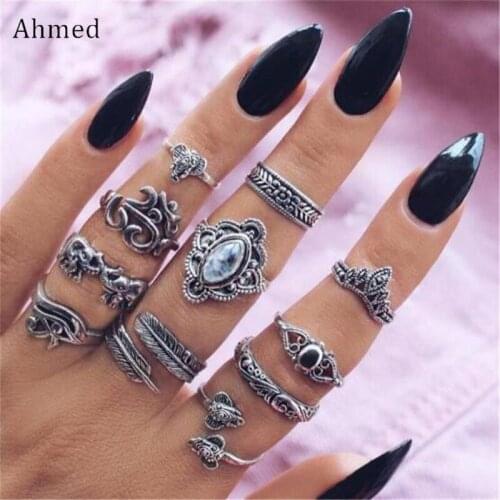 Ahmed 11pcs/set Bohemia Antique Gold Silver Elephant Flower Leaf Crown Rings Set Knuckle Finger Midi Ring for Women Jewelry
