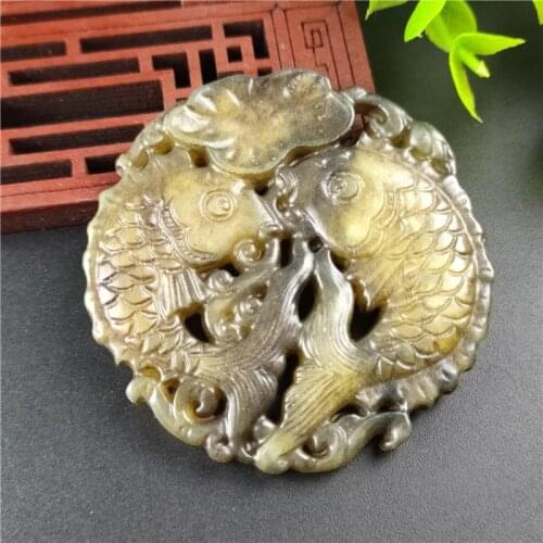 Natural Jade Antique Carving Pisces Lotus Leaf Jade Pendant Amulet Ruyi Pendant Mascot Collection Jewelry Ornaments Waist Wear