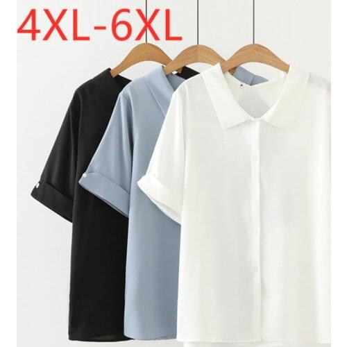 New 2021 Ladies Summer Plus Size Tops For Women Large Short Sleeve Loose Casual Button Blue Black Chiffon Shirt 4XL 5XL 6XL