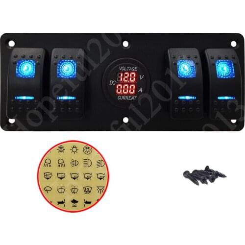 12V 24V Blue Led Aluminum 4 Gang Rocker Toggle Switch Panel With Digital Voltmeter Amperage Meter Socket for Cars Boats Bus