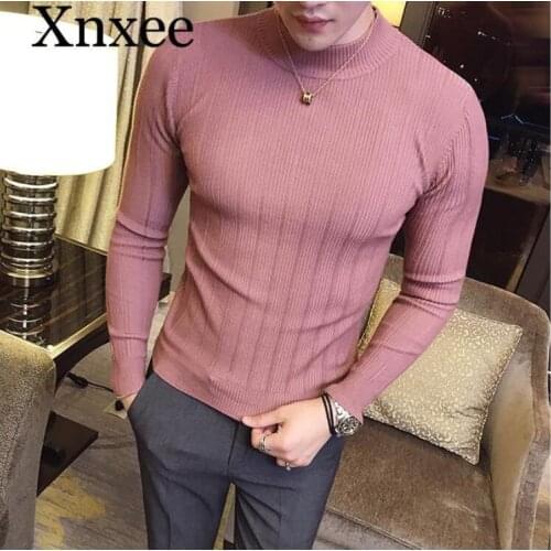 Pullover mens sweater 2020 casual striped solid color sweater mens half-high collar stretch tight sweater slim knit top