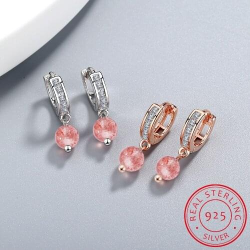 Natural Strawberry Crystal Bead ball Hoop Earrings 925 Sterling Silver Hypoallergenic Ear Jewelry For Women Girls
