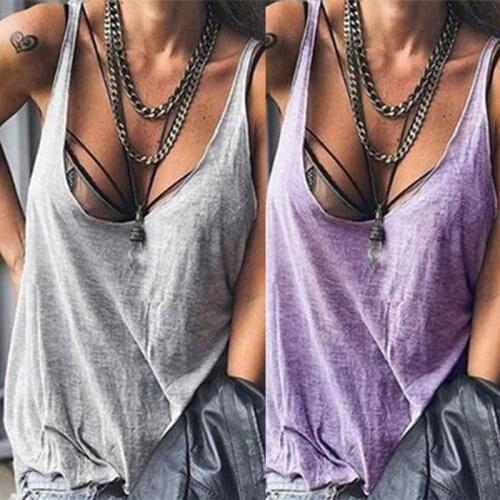 Womens Sexy Sleeveless Tank Top Low Cut Neckline Solid Color Loose Casual Beach Cami Vest Swimsuit Cover Up Streetwear