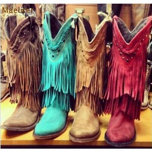High End Brand Women Mid-calf Fringe Boots Low Chunky Heel Tassel Motorcycle Boots Studded Retro Stylish Fall Winter Boots
