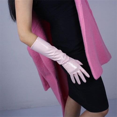 Women Patent Leather 40cm Gloves Long Section Simulation Leather PU Leather Mirror Bright Skin Light Pink Cherry Powder QPFH40