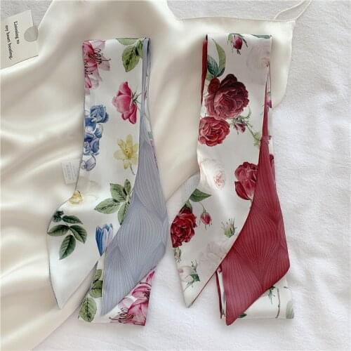 Luna&Dolphin Women Long Skinny Functional Scarf 127x7cm French Rose Printed Streamer Silk Feeling Ribbon Neckerchief Headbands