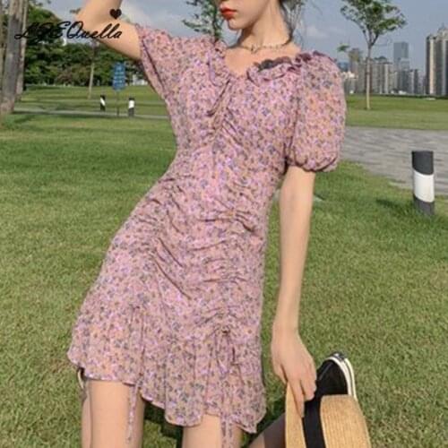 LZEQuella Women Vintage Pleated Purple Floral Print Mini Dress Summer Holiday Beach Ruffles Lace Up Dresses Vestidos NZ2645