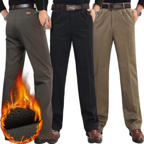 Winter Casual pants Mens plus Velvet Thick Mens High waist Loose double Pleated cotton Casual Warm trousers Size 30-46