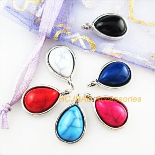12Pcs Tibetan Silver Color Teardrop Mixed Stone Charms Pendant 12x20.5mm