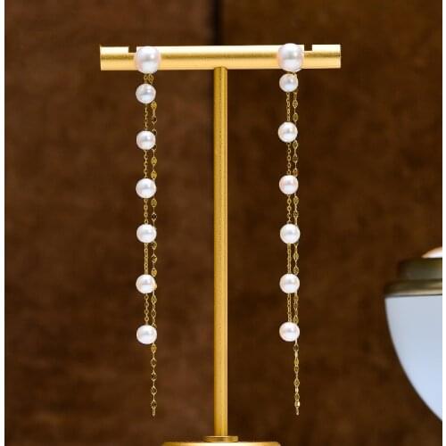 18K Solid Yellow Real Gold Jewelry(AU750) Women Fairy Ear Line Chain Long Earrings Natural Pearl A changeable Fashion Lady