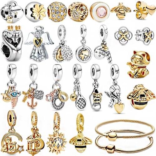 Hot Sale 14k Gold Two-Tone 925 Sterling Silver Beads Golden Charms Collection Fit Original pandora Bracelets Women DIY Jewelry