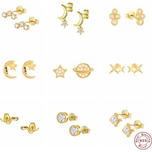 BOAKO 925 Sterling Silver Zircon Moon Star Planet Stud Earrings For Women Girls Shiny Crystal Snake Ear Stud Party Fine Jewelry