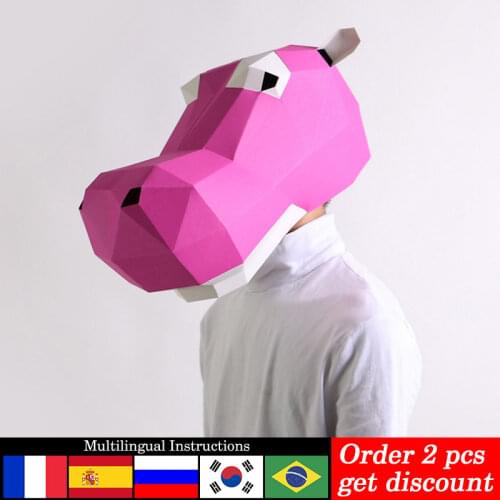 Pre-cut Hippo Animal Adult Head Mask Paper Model,3D Low-poly Papercraft,Party Cosplay Prop,Handmade DIY Origami Craft Toy RTY090