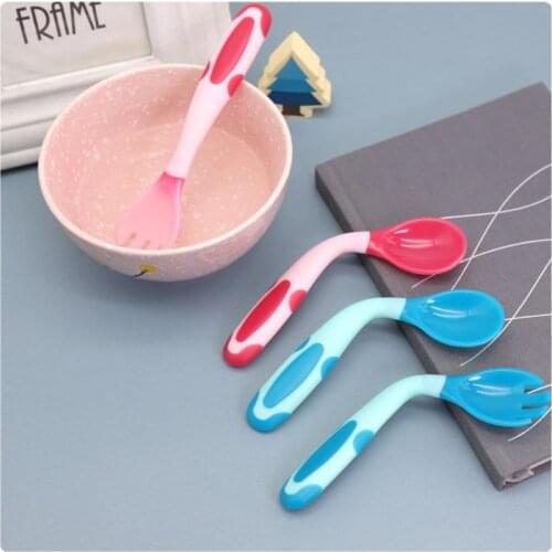 Baby Kid Heat Sensing Color Change Bending Fork Spoon Feed Utensil Tableware Set Free Bending Feeding Utensil Set Eating Supply