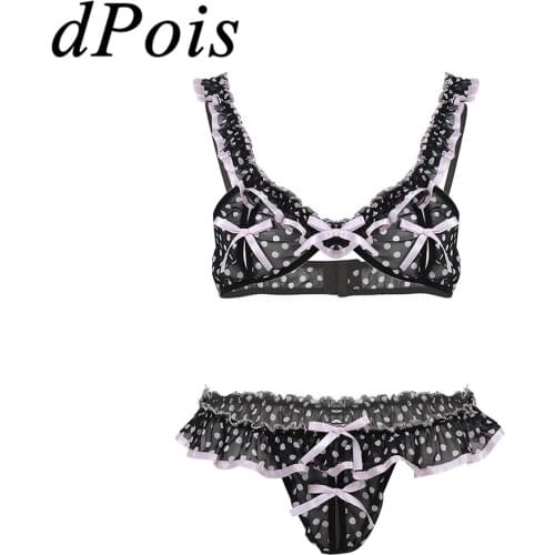 Men Sissy Lingerie Erotic Nightwear Sexy Gay Male Costume Frilly Ruffled Bikini Bra Top & Crotchless T-Back Briefs Underwear