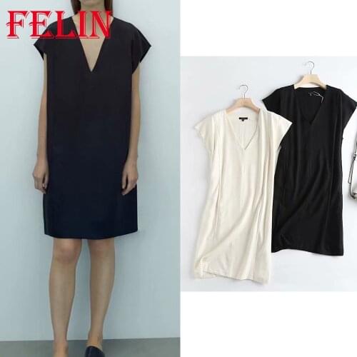 FELIN Za 2021 Chic Black Office Lady Mini Dress Women Sleeveless V Neck Pockets Straight Dress Casual Elegant Vestidos