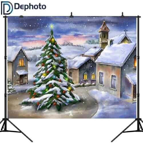 Dephoto Oil Painting Christmas Village Baby Kids Background Printed Houses Pine Trees church Winter Snow Photography Backdrops