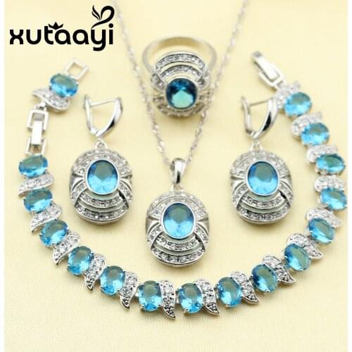New Style Superior Silver Overlay Women Jewelry Set Blue Zircon Earrings Ring Necklace Pendant Bracelet