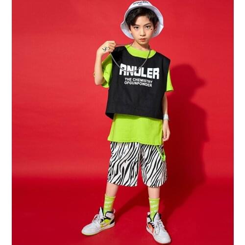 2021 Jazz Dance Costumes For Boys Children Short Sleevd Loose Shorts Rave Clothes Performance Costumes Hip Hop Clothing DN8431