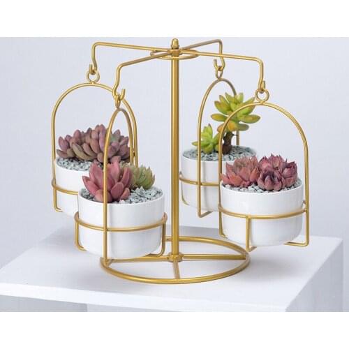 Creative Carousel White Ceramic Flower Pots with Rotatable Metal Stand Hanging Flowerpots Succulents Planters Home Decoration