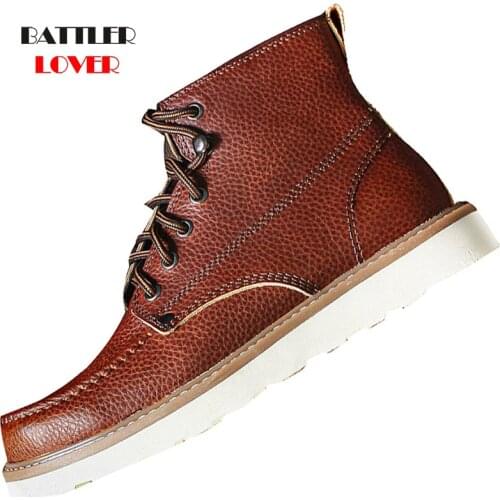 Mens Genuine Leather Martins Boots Man Cowhide Casual Botas Vintage British Outdoor Shoes for Male Biker Punk High-top Booties